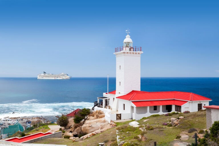 Aerial of Norwegian Dawn passing Mossel Bay, South Africa
