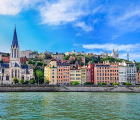 Lyon cityscape from Saone river with colorful houses