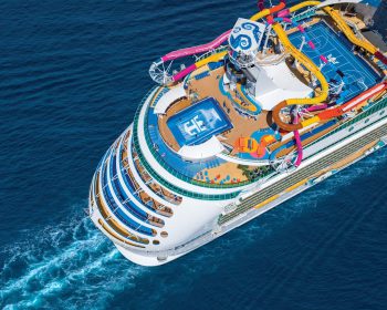 NV, Navigator of the Seas, OOH March 2019 shoot, aerial of ship, upper deck, slides, Flow Rider, basketball court, wake behind shipEXPIRATION DATE: March 1, 2024